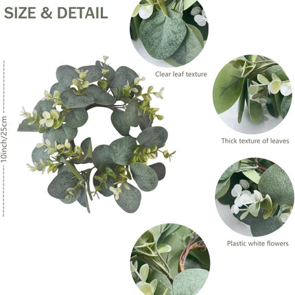 Mini Artificial Wreath Eucalyptus 10" Faux Eucalyptus Leaves Cabinet Wreath Artificial Greenery Wreath for Front Door Farmhouse Wall Window Wedding Home Decoration (Green Leaf-3 PCS)