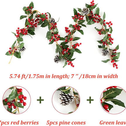 Christmas Garland Decorations for Mantle: Blosmon 2 PCS 5.7ft Red Berry Mantle Fireplace Garland Indoor Faux Christmas Swags and Garlands for Xmas Holiday Front Door Window Table Staircase Decor