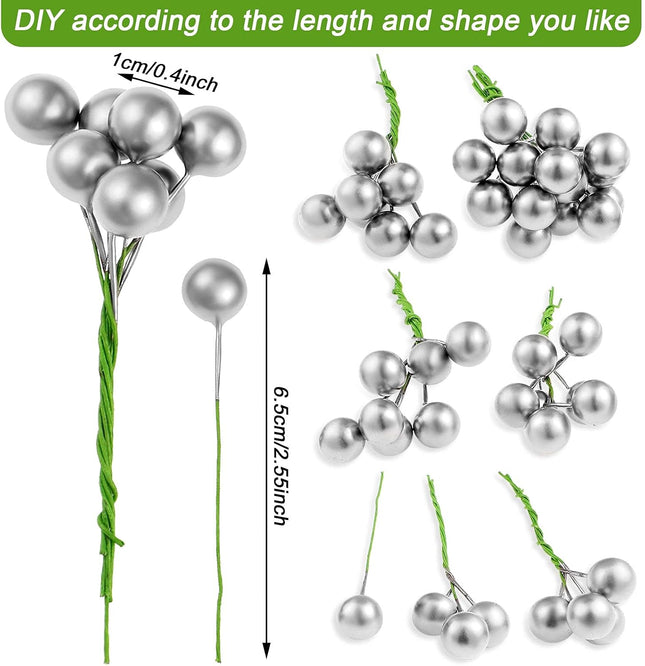 WILLBOND 200 Pieces Artificial Holly Berries for Christmas Tree Decor Fake Berry Stems Picks Set Winter Home Decor Crafts DIY Wreath Garland Christmas Decoration(Silver)