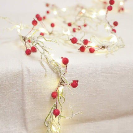 Snow Branch String Lights with Red Berry Garland Christmas 6.5FT & 25LED White Christmas Garland with Lights Battery Operated - Christmas Garland for Mantle Twig Garland for Christmas Tree Decorations