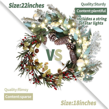 Qingbei Rina Pre-Lit Christmas Wreaths for Front Door,22 Inch Winter Door Wreath with Star Lights,Outdoor Christmas Wreath with Pinecones and Silver Balls, Xmas Windows Fireplace Farmhouse Home Decor