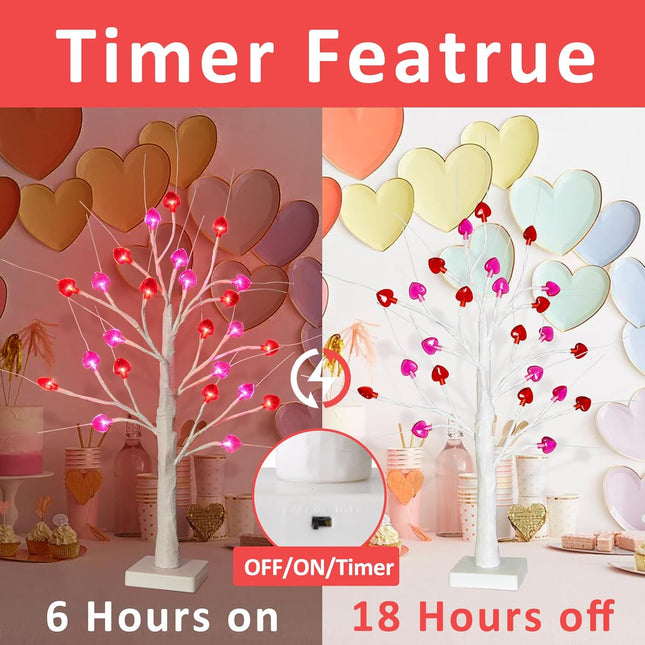 24 Inch Valentine's Day Tree Decorations Tabletop Lighted Birch Tree with 24 Red Pink Heart LED Lights, Battery Operated with Timer Valentines Tree for Home Indoor Party Wedding Decor (2Pack)