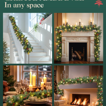 Pre-lit Christmas Garland 9FT - with Red Berries & Pine Cone Pair of Holiday Artificial Decor for Stairs Wall Door Indoor Outdoor Garland with Battery Operated Timer