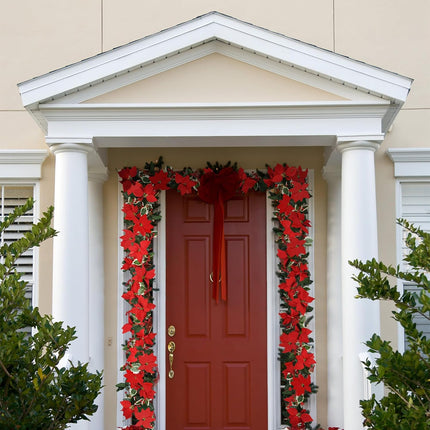 2Pcs Christmas Garland, 6.5Ft Artificial Red Flowers Poinsettia Garland with Berries and Holly Leaves for Christmas Holiday Indoor Outdoor Home Tables Centerpieces Decorations