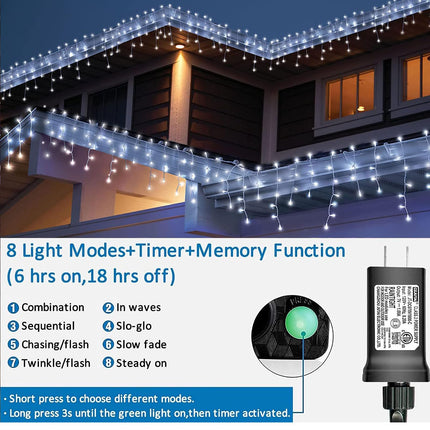 WAKAKA White Icicle Lights Outdoor, 66ft 800 LED Icicle Christmas Lights Indoor with Memory