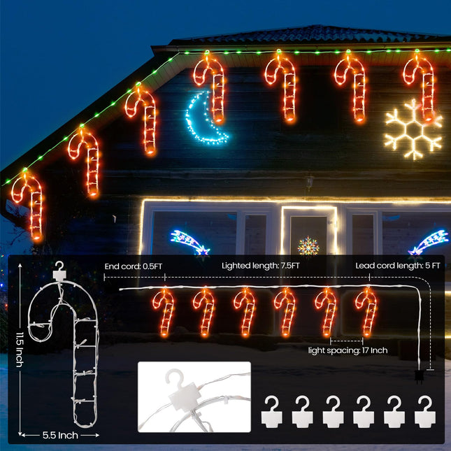 2 Pcs 26 ft Christmas Candy Cane String Lights Outdoor Christmas Hanging Lights Decorations with 6 Light up 360 Bulbs Candy Cane Icicle Hanging Lighted for Rooftop Tree Eaves Outdoor Holiday
