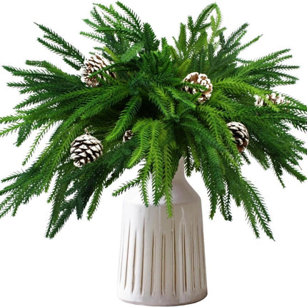 Christmas Norfolk Pine Branches, 8Pcs Christmas Greenary Stems, Real Touch Norfolk Pine Stems with 6Pcs Pine Cones Picks for Christmas Wreath Garland Home Decor (8)