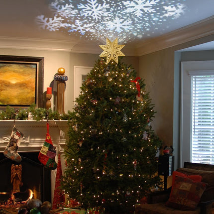 PHITRIC Christmas Tree Topper, 8" Gold Christmas Tree Star with Projector Lights, 8-Pointed Lighted Star Tree Topper, White Snow Projection Tree Toppers Christmas Decorations for Xmas Tree