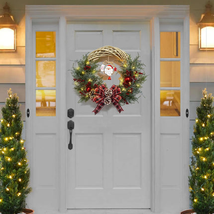 Christmas Wreaths for Front Door, 21 Inch Pre-Lit Christmas Wreath with 40 LED Lights, Santa Claus Lighted Wreath Christmas Decoration for Door Porch Fireplace Window