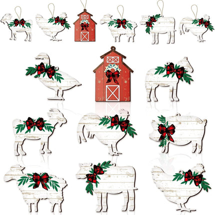 36 Pcs Christmas Farm Animals Ornaments Wood Christmas Animal Hanging Ornaments Wooden Cow Pig Farmhouse Holiday Decor for Christmas Tree Decoration Crafts