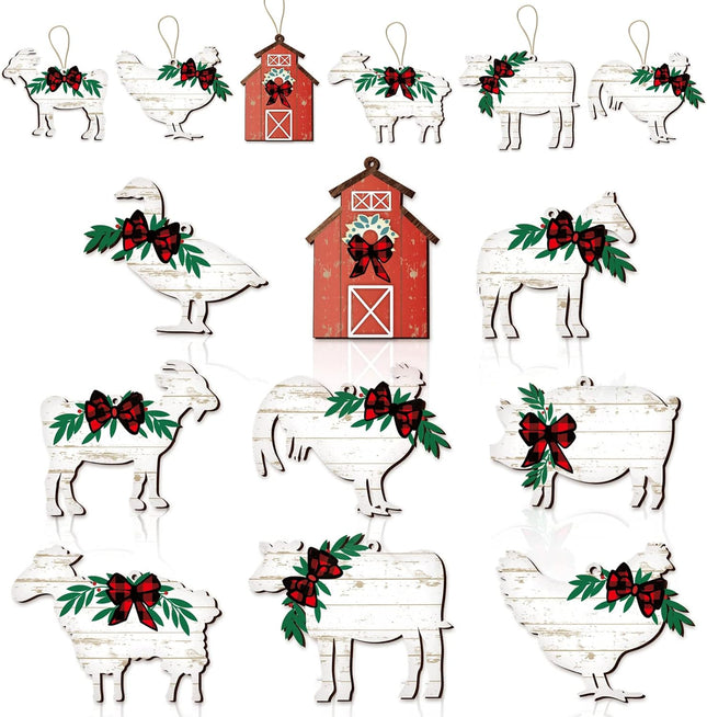 36 Pcs Christmas Farm Animals Ornaments Wood Christmas Animal Hanging Ornaments Wooden Cow Pig Farmhouse Holiday Decor for Christmas Tree Decoration Crafts