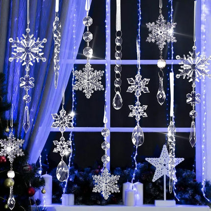 18 Pcs Crystal Snowflake Ornaments and Icicle Ornaments for Christmas Tree, Hanging Acrylic Snowflake and Icicle Ornaments for Christmas Winter Year Party and Home Decorations