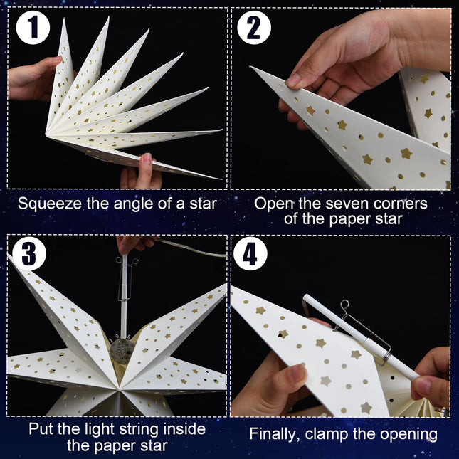 Christmas Star Paper Lantern 7 Pointed Star Paper Lantern with 10 LED Light String Hanging Pendant Lampshade Ornament for Weddings Holiday Birthday Home Decor 19.7 Inch(Classic,White)