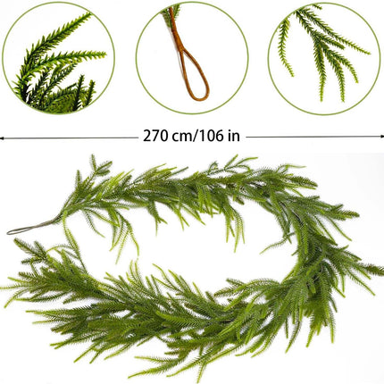 Norfolk Pine Garland - 8.86ft Artificial Christmas Garland Long Faux Greenery Garland,Real Touch Norfolk Pine Wreath,for Holiday, Fireplace, Mantle, Window, Stairs, Indoor, Outdoor Decor