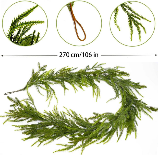 Norfolk Pine Garland - 8.86ft Artificial Christmas Garland Long Faux Greenery Garland,Real Touch Norfolk Pine Wreath,for Holiday, Fireplace, Mantle, Window, Stairs, Indoor, Outdoor Decor