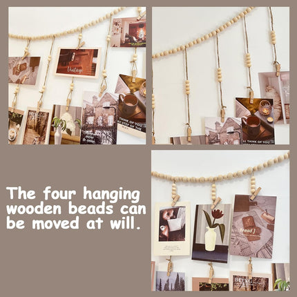 Hanging Photo Display, Wooden Bead Garland, Boho Style Collage Photo Frame Decoration for Dorms, Classrooms, Bedrooms, Hanging Display Card Holder