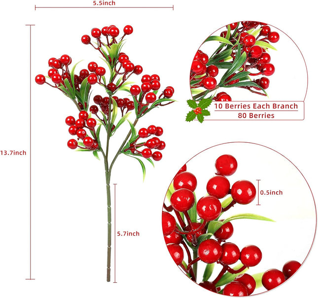GWHOLE 4PCS Red Berry Stems, Christmas Holly Berries Picks Red Berries Decor for Christmas Tree DIY Crafts Wreath Garland Vase Fillers Holiday Planter Decorations (300 PCS Berries)