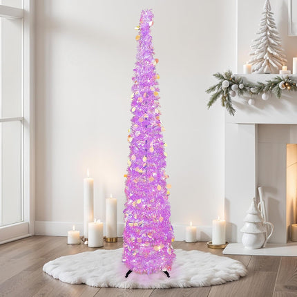 OurWarm 5 FT Purple Pop Up Christmas Tree with 60 LED Lights, Tinsel Collapsible Christmas Tree with Sequins, Prelit Artificial Pencil Xmas Tree for Home Room Indoor Outdoor Holiday Party Decoration