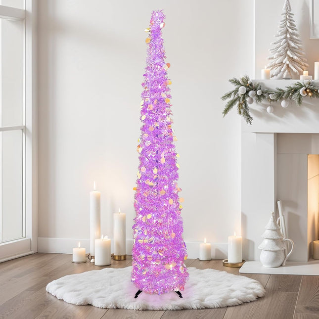 OurWarm 5 FT Purple Pop Up Christmas Tree with 60 LED Lights, Tinsel Collapsible Christmas Tree with Sequins, Prelit Artificial Pencil Xmas Tree for Home Room Indoor Outdoor Holiday Party Decoration