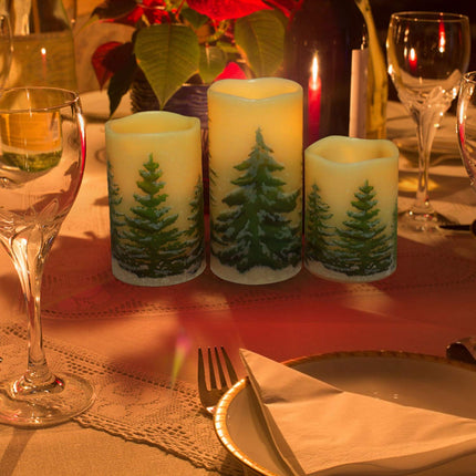 Rocinha Christmas Flameless Candles with Timer Battery Operated Flickering Candles Set of 3 Real Wax Christmas Pillar Candles with Christmas Tree Printing