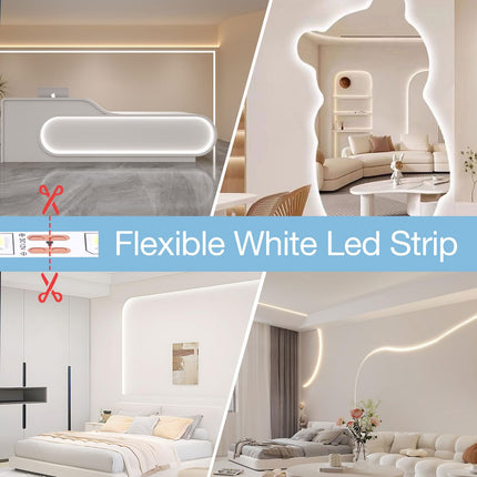49.2ft USB LED Light Strip White with Battery Box (Batteries Not Included), Daylight LED White Strip Lights Cuttable LEDs for Bedroom, Mirror, Party, Camping, Birthday, Christmas, 8.2ft x 6