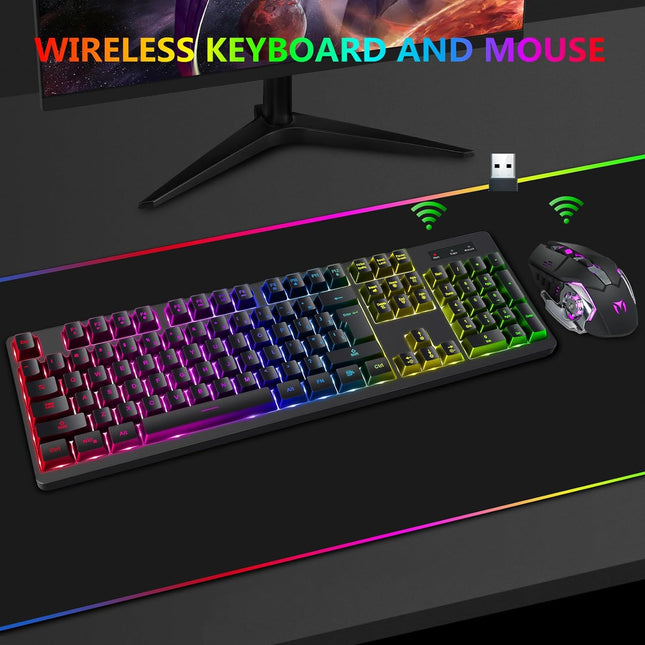 Wireless RGB Gaming Keyboard and Mouse - Rechargeable RGB Backlit Keyboard Mouse Long Battery Life,Mechanical Feel Gaming Keyboard with 7 Color Wireless Gaming Mouse for PC Game and Work
