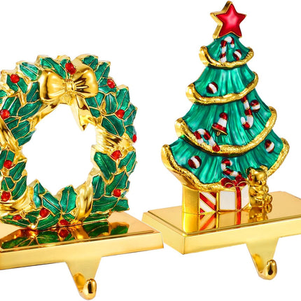 Christmas Tree Stocking Holders for Mantel ,Christmas Wreath Stocking Hangers for Fireplace Mantel Weighted Stocking Hooks Metal Tree Stocking Holder Stand for Christmas Decoration (Gold Tree Set)