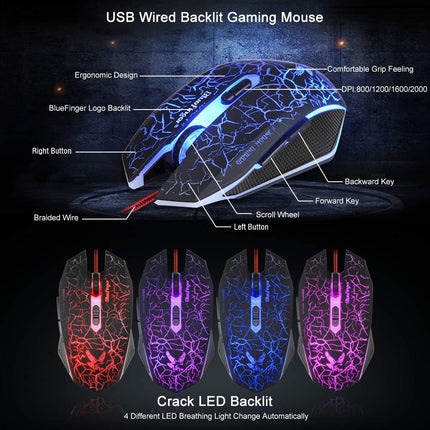 Gaming Keyboard and Mouse,USB Wired Backlit Gaming Mouse and Keyboard Combo,Letters Glow, 3 Color Crack Backlit,Illumination Keyboard and Mouse Set for Game and Work