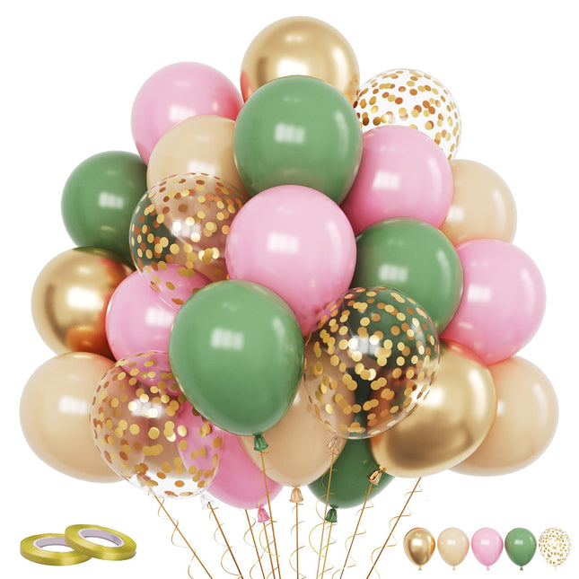 Pink and Green Balloon, 60PCS Sage Green Party Balloon, 12Inch Olive Pastel Pink Balloons Metallic Gold Confetti Balloons for Baby Shower Wedding Jungle Cactus Birthday Party Decoration
