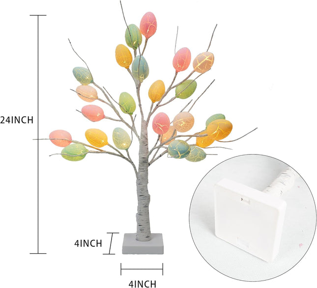 Dazzle Bright 2 Pack Easter Pre-lit Birch Tree, 24 Inch 24 LED Battery Operated Tree with Colorful Egg Ornaments, Lighted Birch Tree Easter Decoration for Party Indoor Home Easter Decor