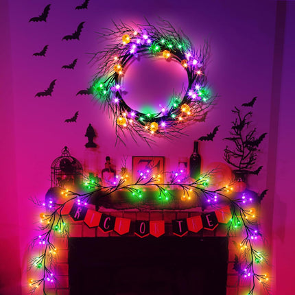 [Timer & 8 Modes] 6Ft 57 LED Halloween Willow Vine Twig Halloween Garland with 6 Orange Pumpkins & 6 Purple Bats & 6 Green Light Spider Waterproof Battery Operated Halloween Light Mantel Wall Decor