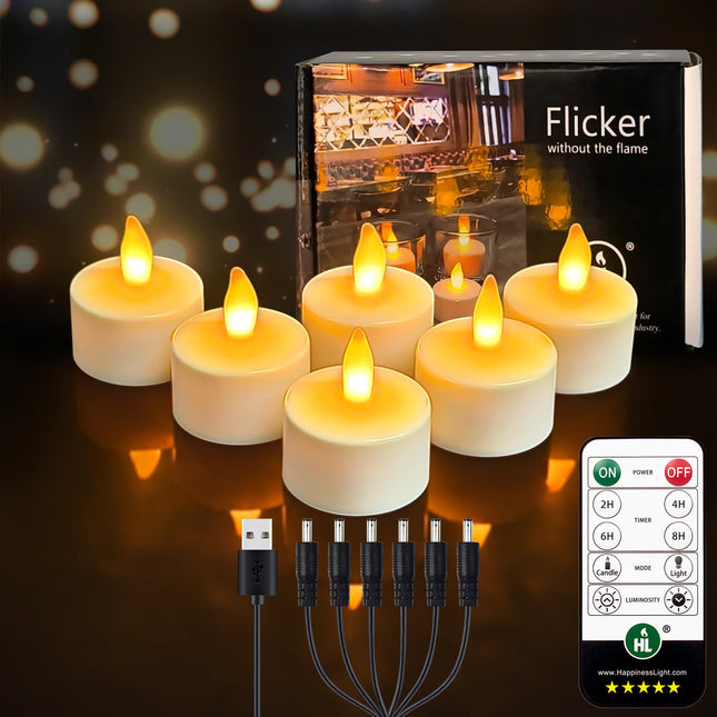 HL Rechargeable Battery Candles with Remote Timer, 6pcs 50+Hours Rechargeable Tea Lights Candle, LED Votive Tea Lights Candles Yellow Flickering Light for Halloween Christmas Table Centerpiece