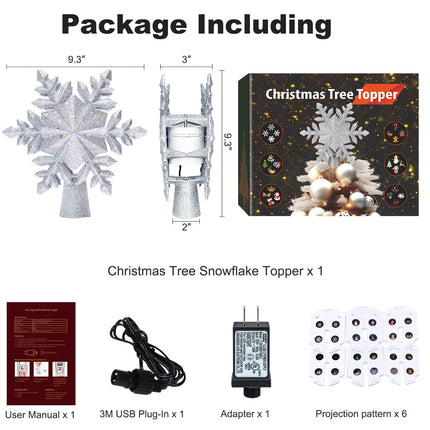 Christmas Tree Toppers Lighted with 6 Projection Modes, Christmas Snowflake Tree Topper with Built-in LED Rotating Lights, Silver 3D Glitter Projection for Xmas Party Holiday Decorations