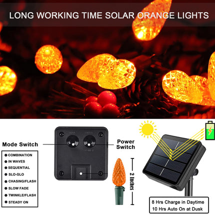 HUGSVIK 100 LED C6 Solar Orange Halloween Lights, 8 Modes Orange Christmas Lights for Outdoor, Waterproof Solar Orange Lights for Halloween, Christmas Tree Thanksgiving, Fall Garden Yard and Patio