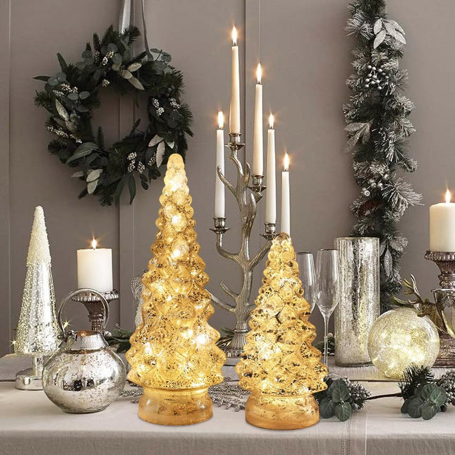 PHITRIC Christmas Decorations Indoor, 2 PCS Sparkling Glass Christmas Tree Table Decorations with LED Lights, Lighted Xmas Tree Decorations with Timer for Home Mantel Shelf Table Decor