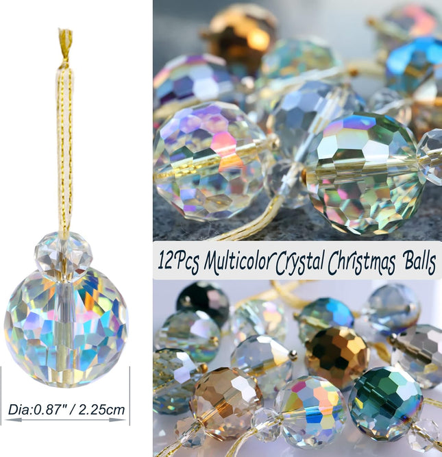 12 Pcs Multicolor Crystal Glass Christmas Balls Ornaments, 0.87" Mini Colorful Prism Ball Xmas Tree Decorations, Hanging Ornament Clearance for Wedding Party Home Decor(Multicolor)
