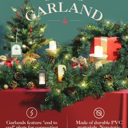 9FT Prelit Christmas Garland - with Pine Cone, Battery Operated Garland with Timer, Artificial Holiday Decor for Mantle Stairs Door Indoor Outdoor