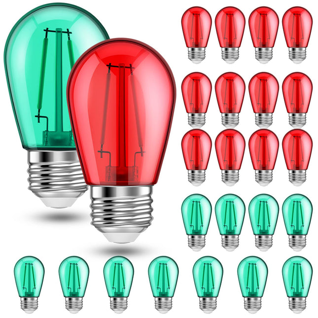 Christmas Red and Green S14 LED Light Bulbs Colored Bulbs Replacement String Lights 2 Watt E26 Base for Indoor Outdoor Village, Patio, Porch, Bistro Decor(25 Pieces)