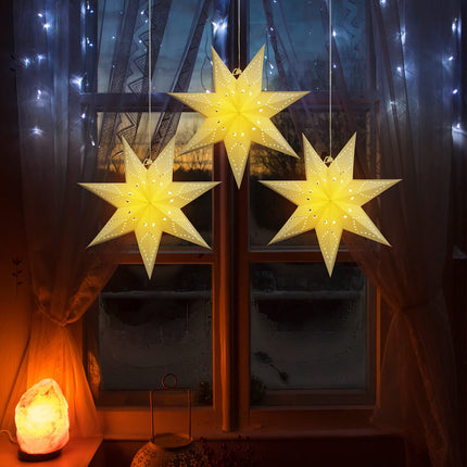 3 Set Star Paper Lantern Hanging Hollow Out Star Light White 7 Pointed Glitter Star with LED Light Battery Box Hanging Decorations for Christmas Birthday Holiday Wedding Home 13.8 Inch