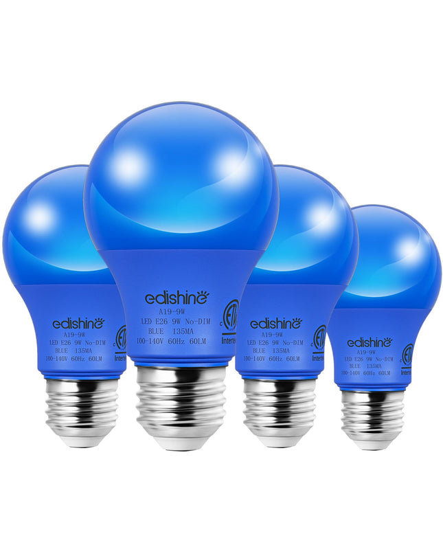 EDISHINE Christmas Blue Light Bulb, A19 LED Light Bulb, Blue LED Bulb E26 Base, 9W(60W Equivalent), Outdoor Blue Lights for Christmas Decoration, Porch, Garden, Non-dimmable, ETL Listed, 4 Pack