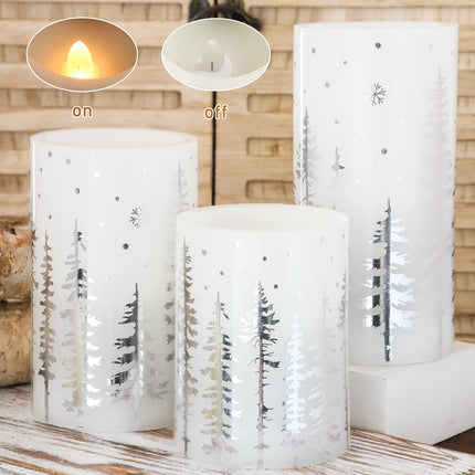 Christmas LED Flameless Candles Battery Operated, Hot Stamping Silver Xmas Tree LED Flickering Candles with Remote and Timer, Holiday Decorative LED Pillar for Xmas, Party, Bedroom