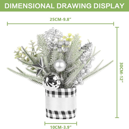 SY Super Bang Small Buffalo Check Plaid Christmas Tree, Artificial Mini Tabletop Christmas Tree Decorations with Silver Ornaments, for Home Holiday Indoor Party Xmas Decor.