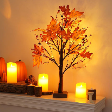 24 Inch 24 LED Artificial Fall Lighted Maple Tree Lighted Fall Tree with Timer Battery/USB Operated, Fall Decor for Autumn Thanksgiving Harvest Fall Home Indoor