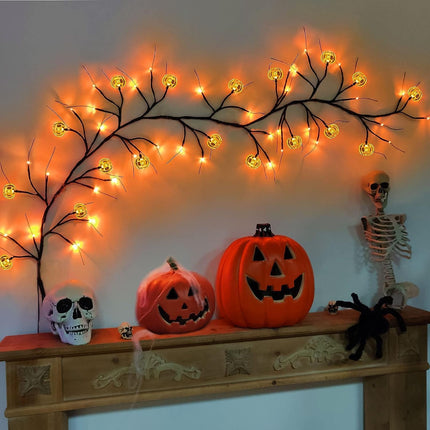TURNMEON 8 Modes Timer 6 Ft 54 Orange LEDs Halloween Garland with Lights Pumpkins Waterproof Battery Operated Halloween Garland Vine Twig Decor Garland for Wall Bedroom Home Mantel