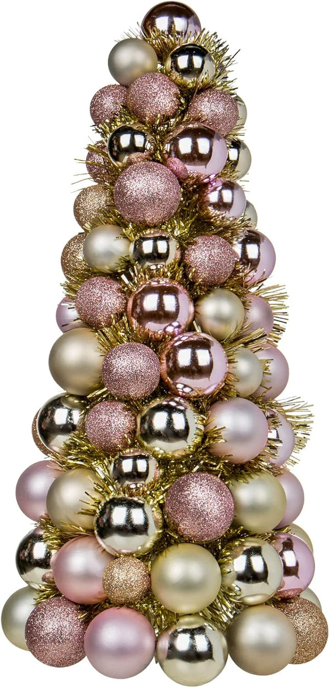 16" Mini Christmas Tree, Small Xmas Tree Decorations with 94 PCS Shatterproof Christmas Ornaments Balls for Christmas Party Centerpiece -Gold Pink