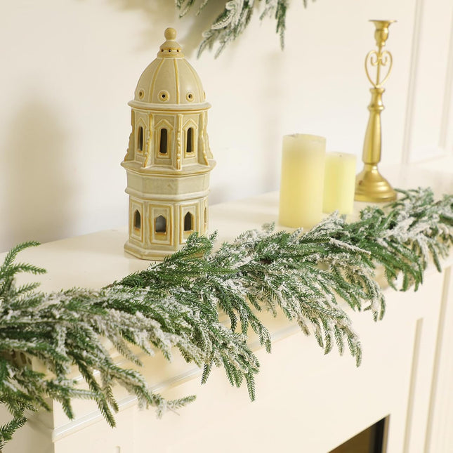 Jutom 6 ft Cedar Garland Artificial Realistic Norfolk Pine Garland Christmas Greenery Garland with White Snow Xmas Decorations for Mantels, Fireplace, Holiday Decor Indoor or Outdoor(2 Pcs)