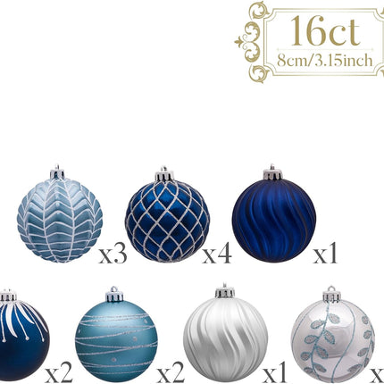 Valery Madelyn Christmas Ornaments Set, 16ct Navy Blue and Silver Shatterproof Fall Christmas Tree Decorations Ball Ornaments Bulk, 3.15 Inches Elegant Hanging Ornaments for Xmas Trees Decor