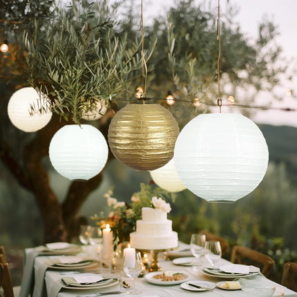 UNIQOOO 18PCS Metallic Gold Paper Lantern Wedding Decoration Set, Assorted Hanging Gold Japanese Paper Lantern, Reusable Easy Assemble, For Year Christmas Birthday Baby Shower Party Favor Supplies