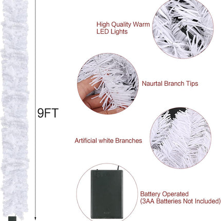 CCINEE 9FT Prelit Artificial Christmas Garland, White Xmas Garland Battery Operated with 50 Warm LED Lights Lighted Christmas Garland for Mantle Fireplace Stairs Indoor Outdoor Decoration