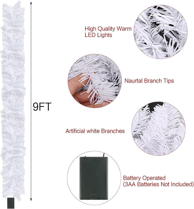 CCINEE 9FT Prelit Artificial Christmas Garland, White Xmas Garland Battery Operated with 50 Warm LED Lights Lighted Christmas Garland for Mantle Fireplace Stairs Indoor Outdoor Decoration
